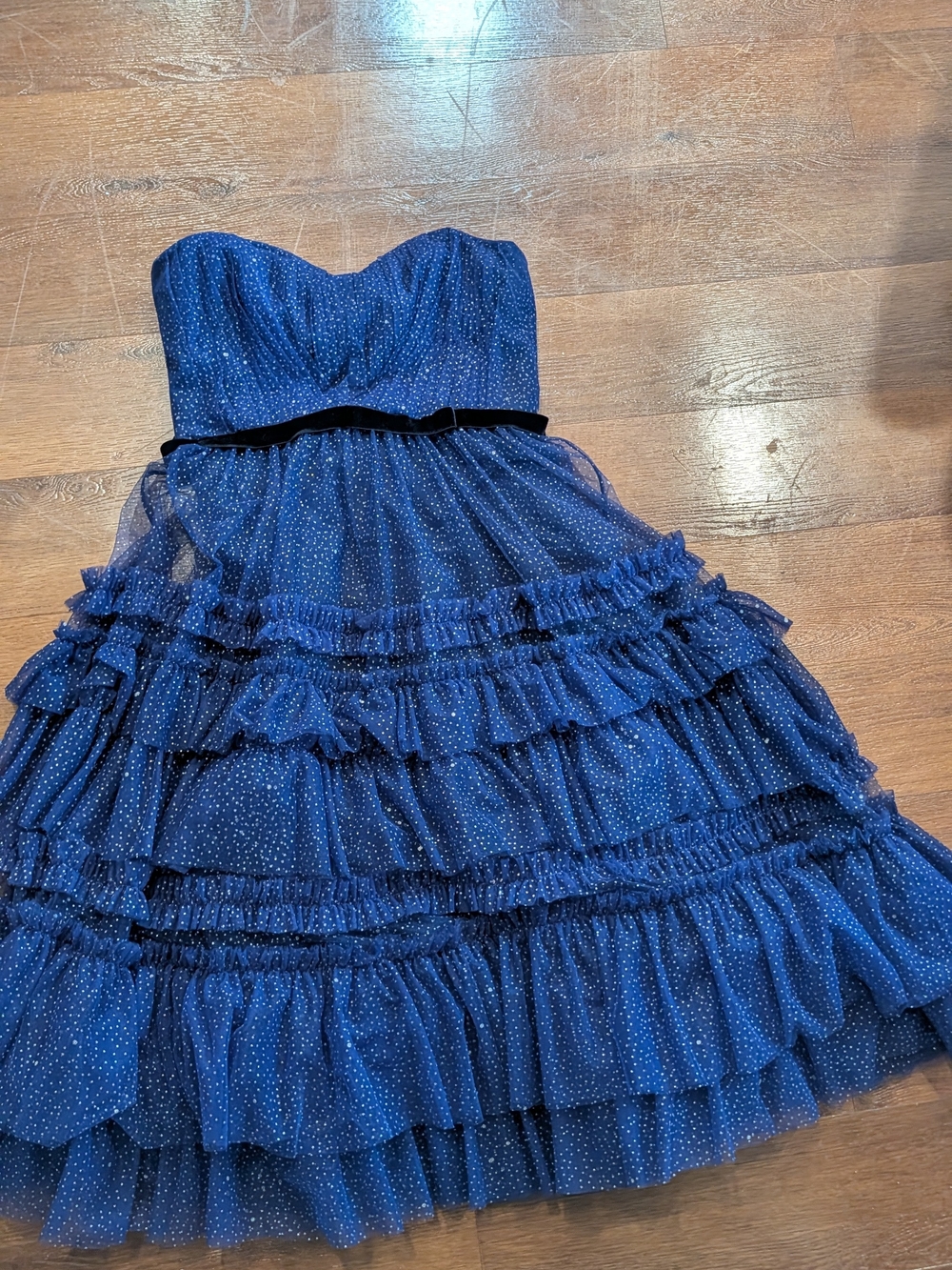 Marchesa Navy Strapless Ruffled Tulle Party Dress with Velvet Waist